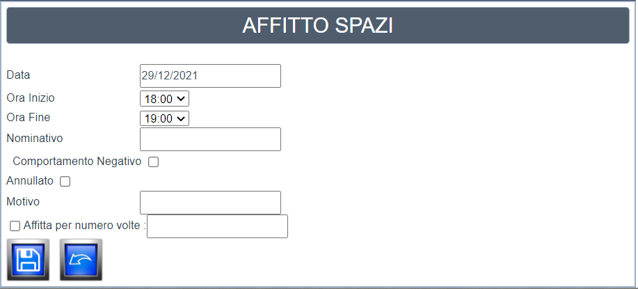 Schermata di registrazione di una prenotazione